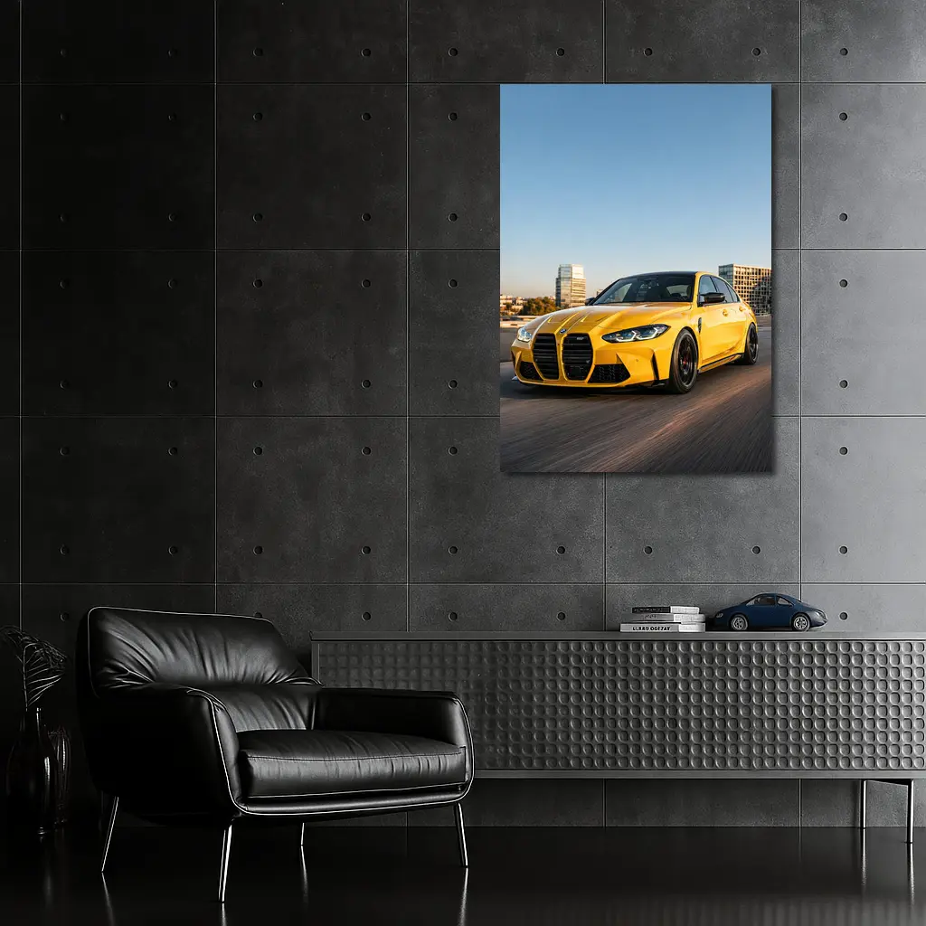 BMW M3 Yellow Sedan City Street Shot – Wall Art