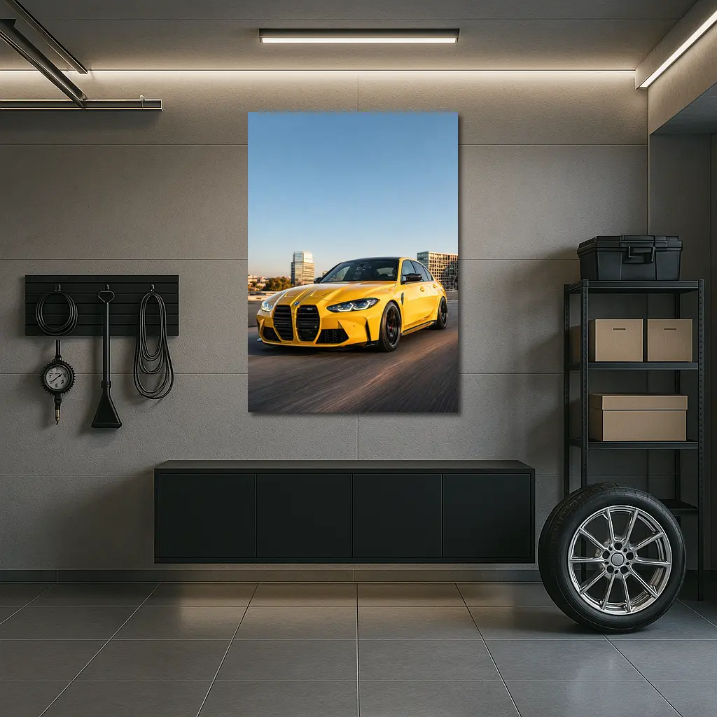 BMW M3 Yellow Sedan City Street Shot – Wall Art