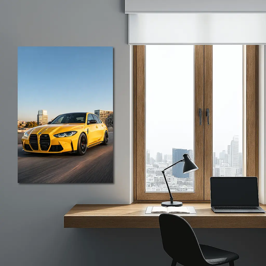 BMW M3 Yellow Sedan City Street Shot – Wall Art