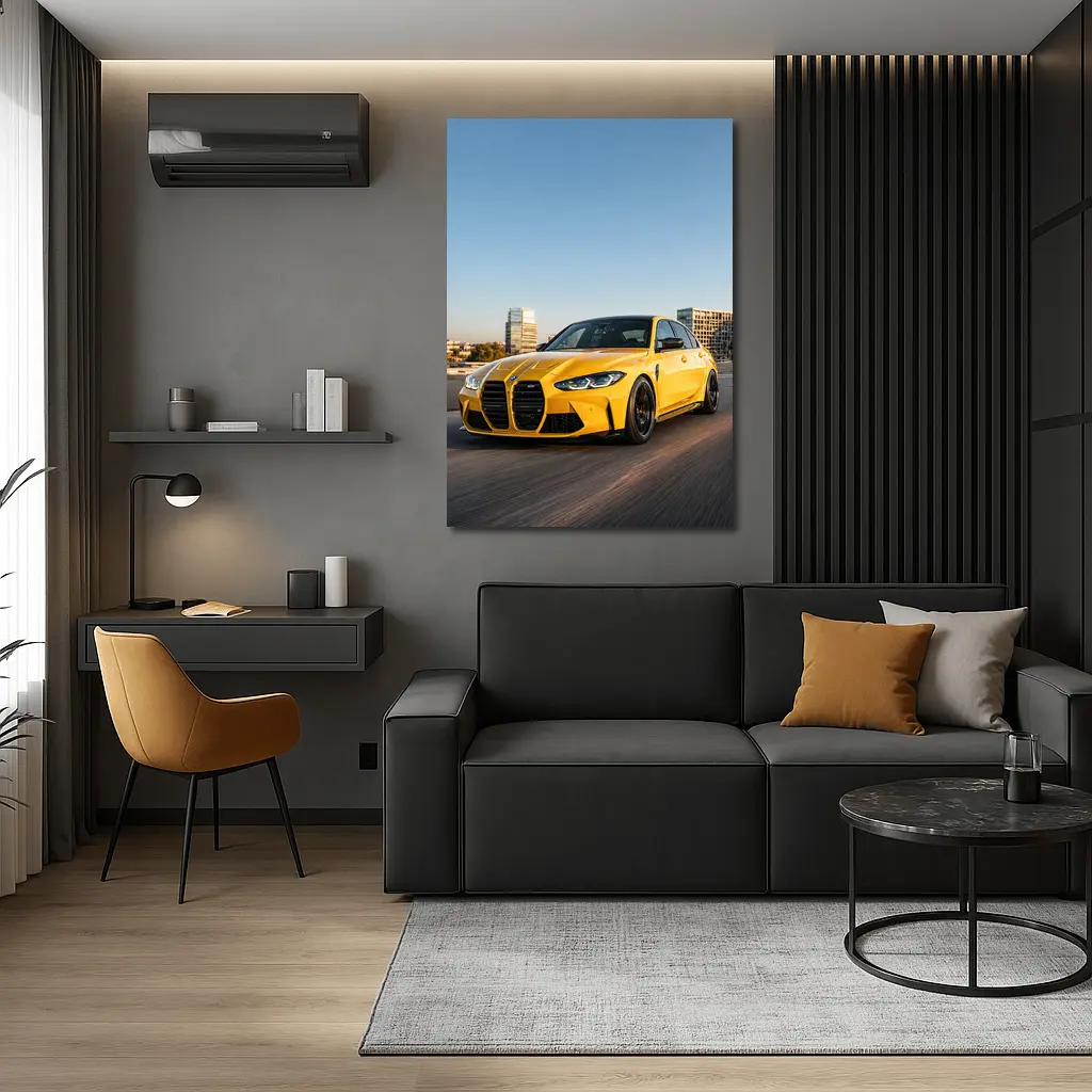 BMW M3 Yellow Sedan City Street Shot – Wall Art