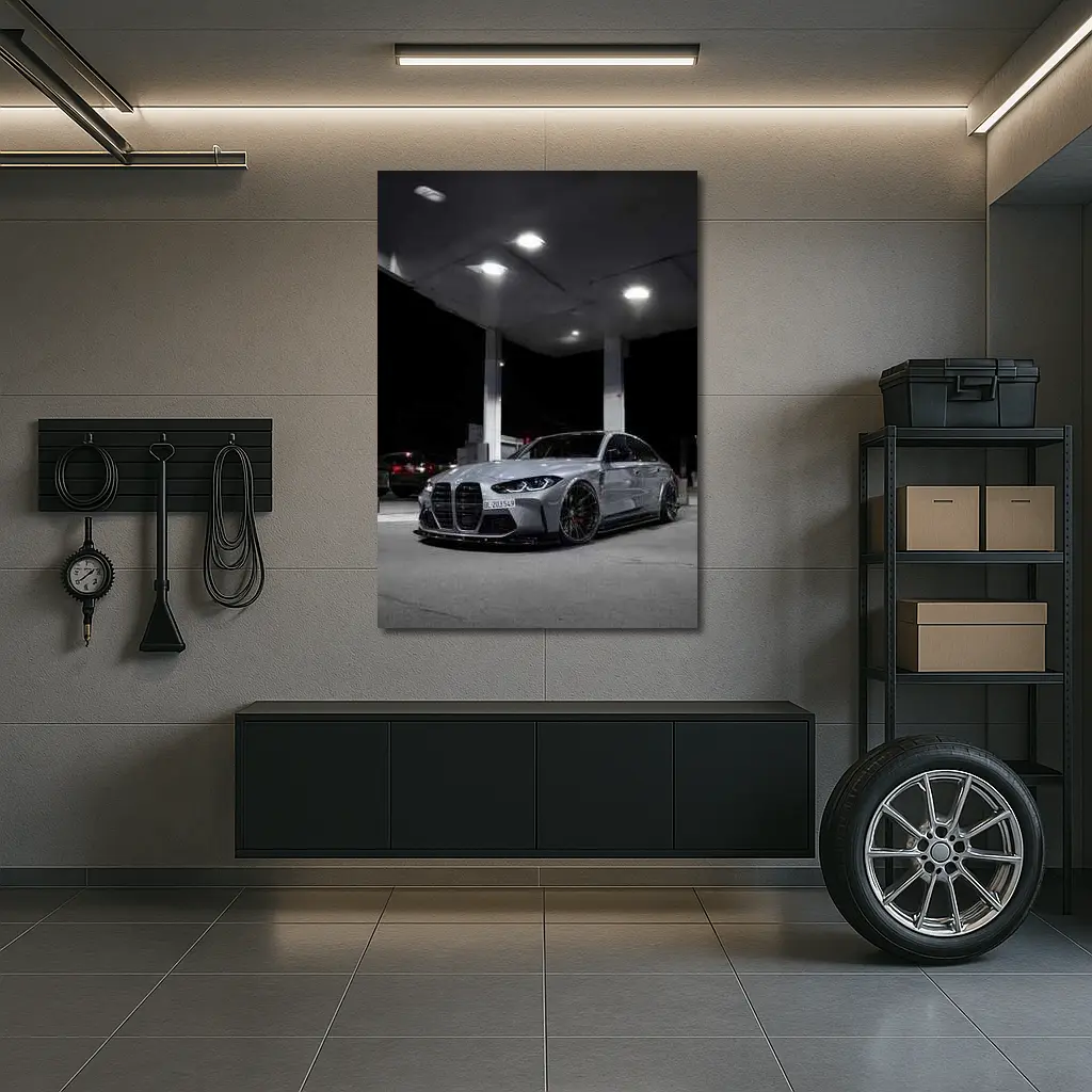 BMW M3 Gray Stance Night Gas Station – Wall Art