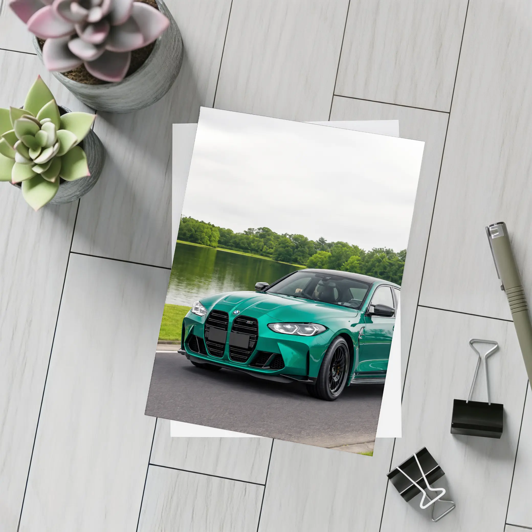 BMW M3 Green Sedan by Calm Lake – Postcards