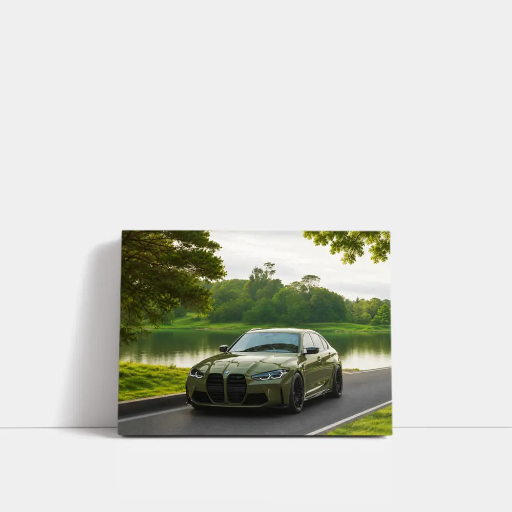 BMW M3 Military Green Parked by Lake – Wall Art