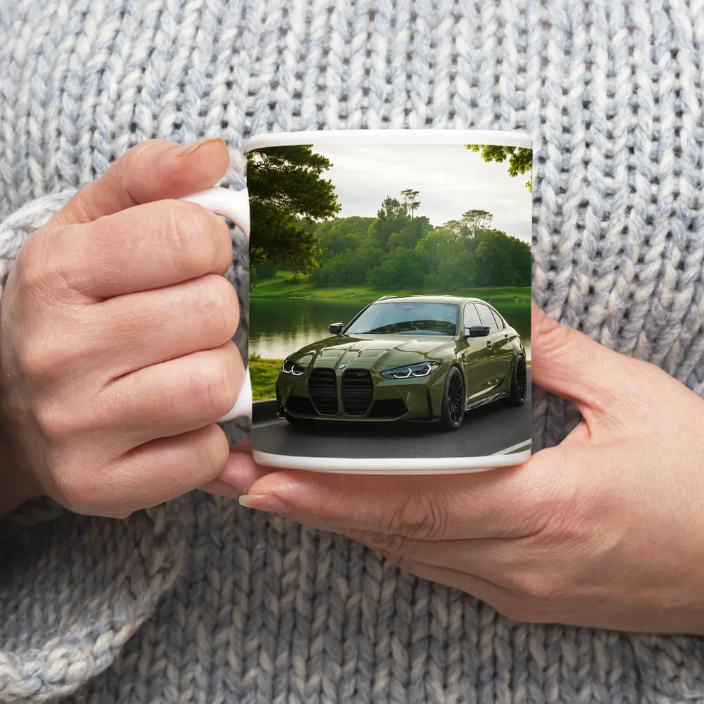 BMW M3 Military Green Parked by Lake – Mugs