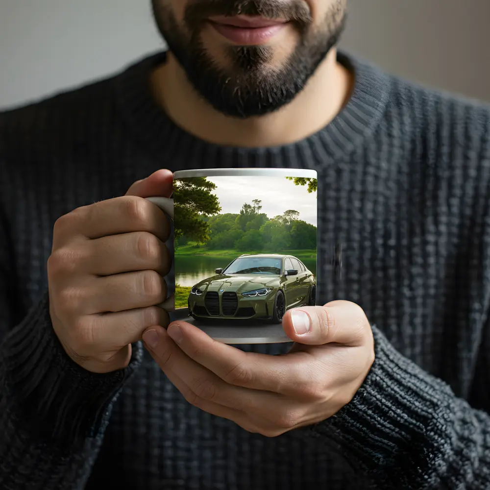 BMW M3 Military Green Parked by Lake – Mugs