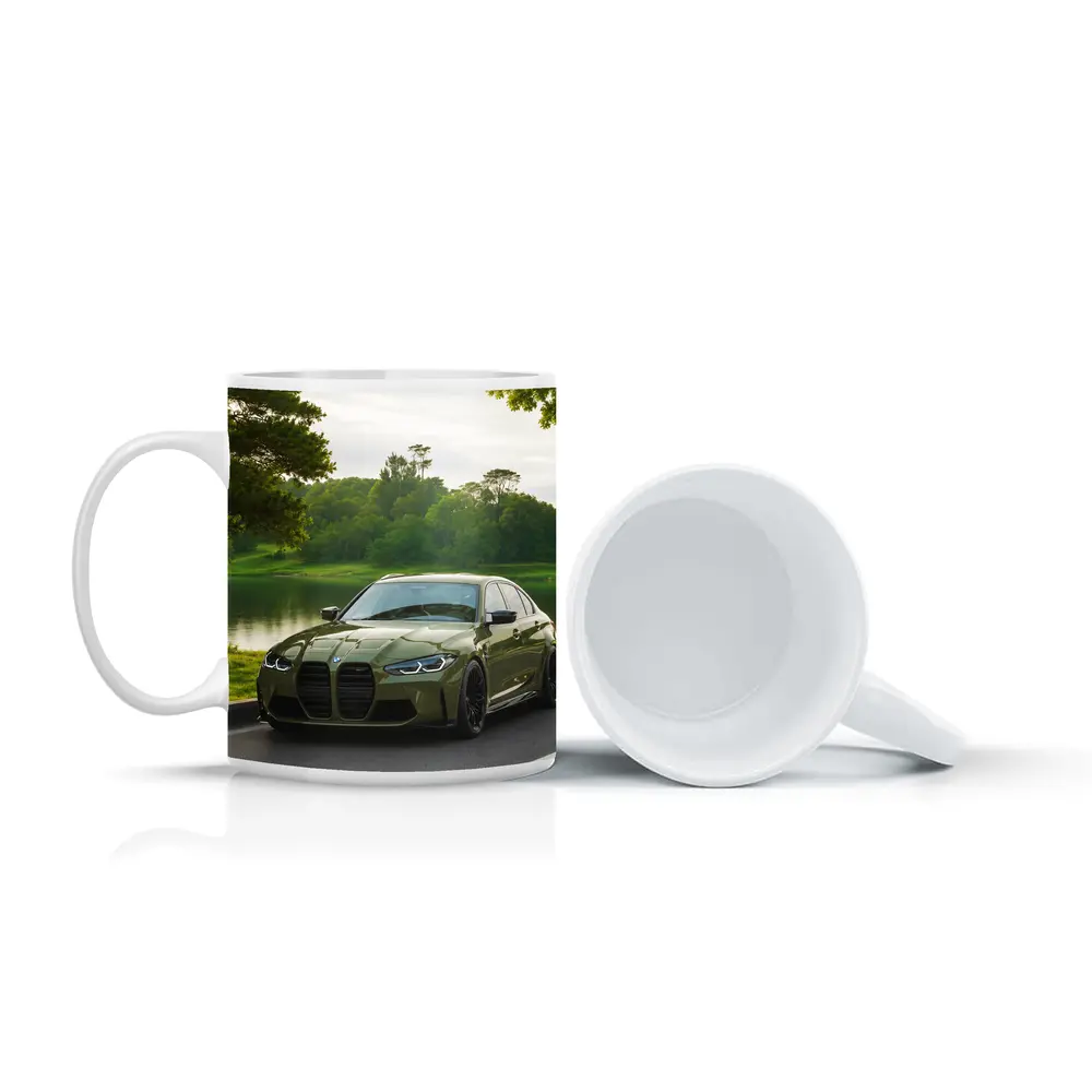 BMW M3 Military Green Parked by Lake – Mugs