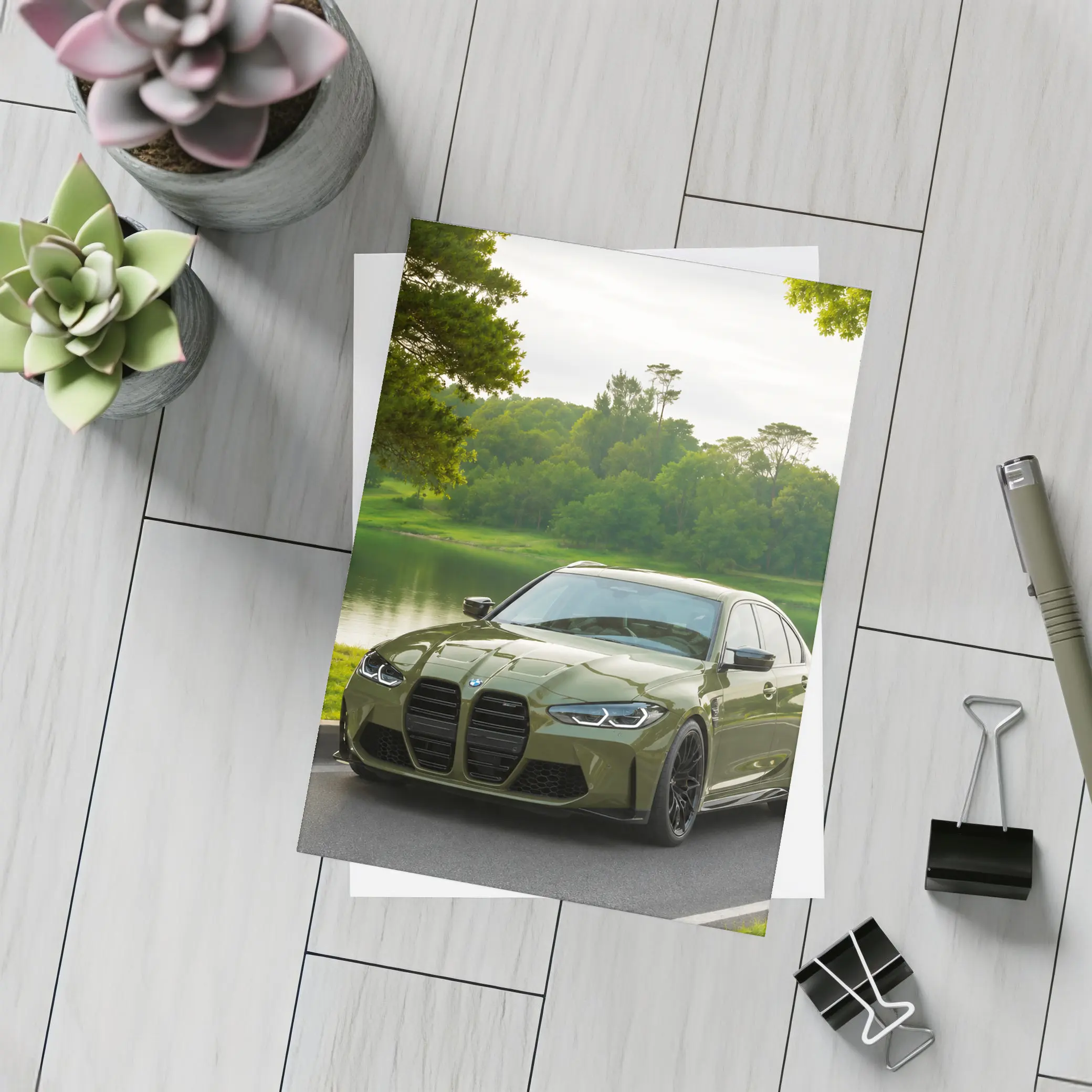 BMW M3 Military Green Parked by Lake – Postcards