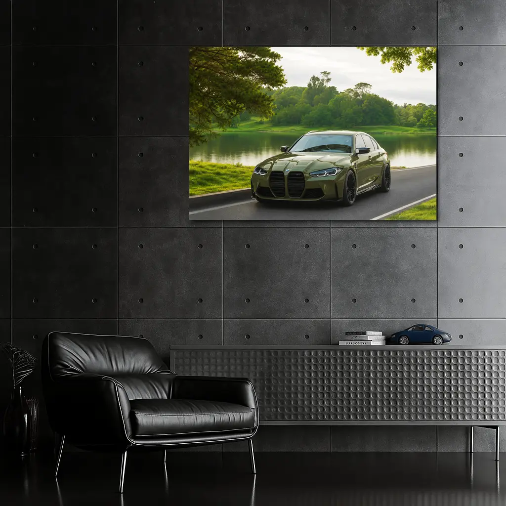 BMW M3 Military Green Parked by Lake – Wall Art