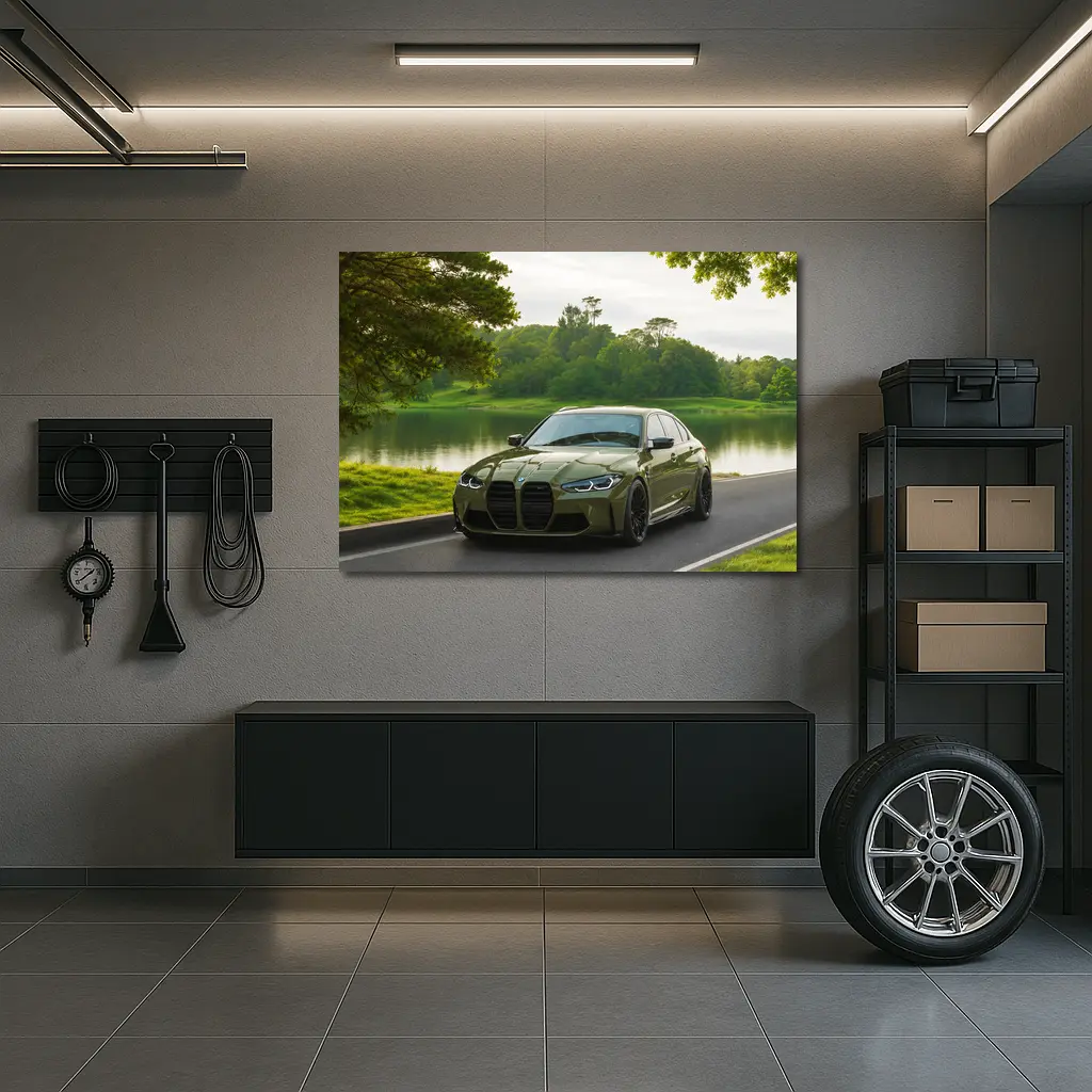 BMW M3 Military Green Parked by Lake – Wall Art