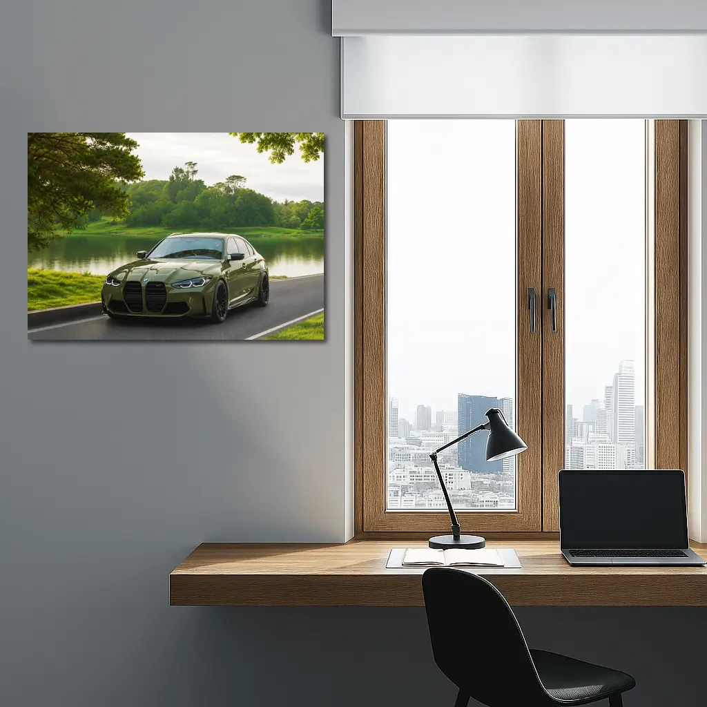 BMW M3 Military Green Parked by Lake – Wall Art