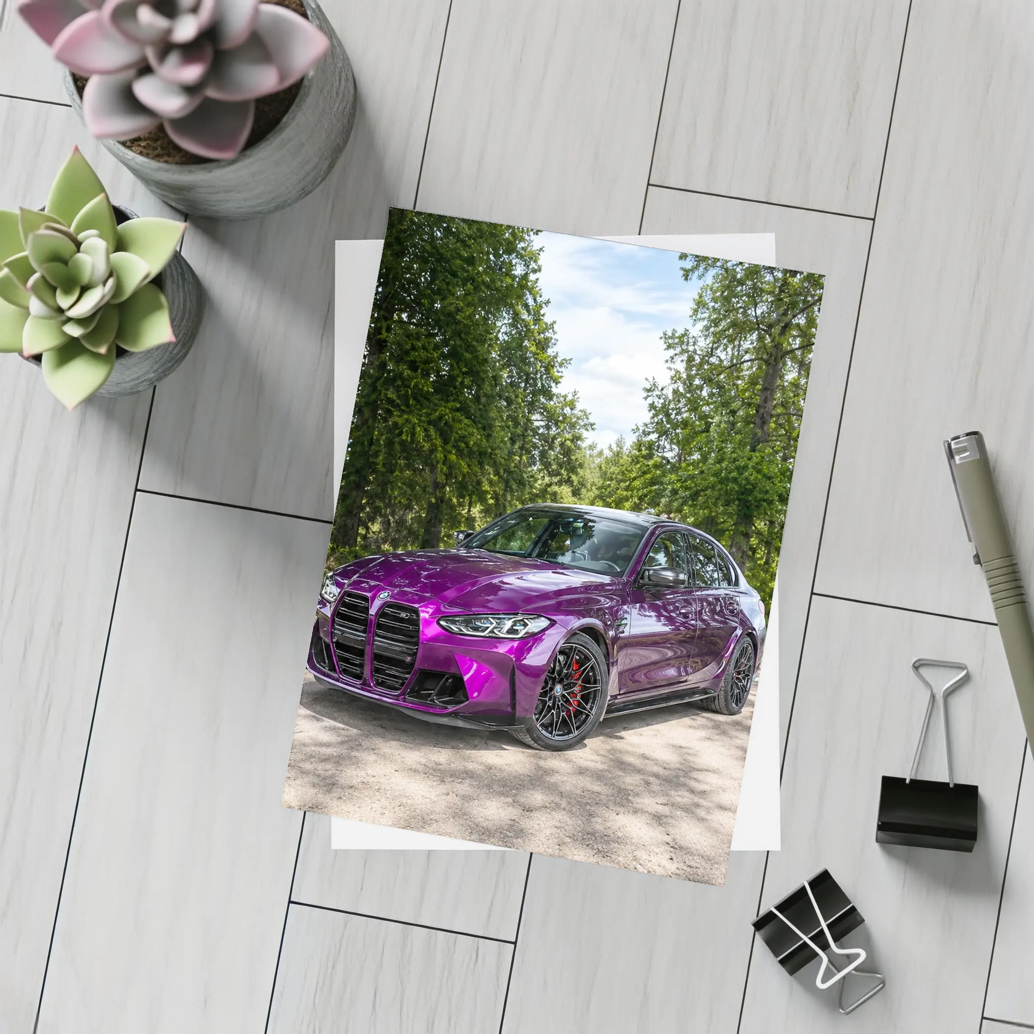 BMW M3 Purple Sedan Forest Road Setting – Postcards