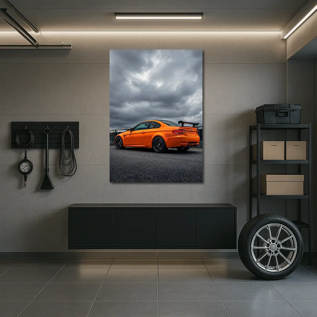 BMW M3 GTS Orange Under Stormy Sky – Wall Art