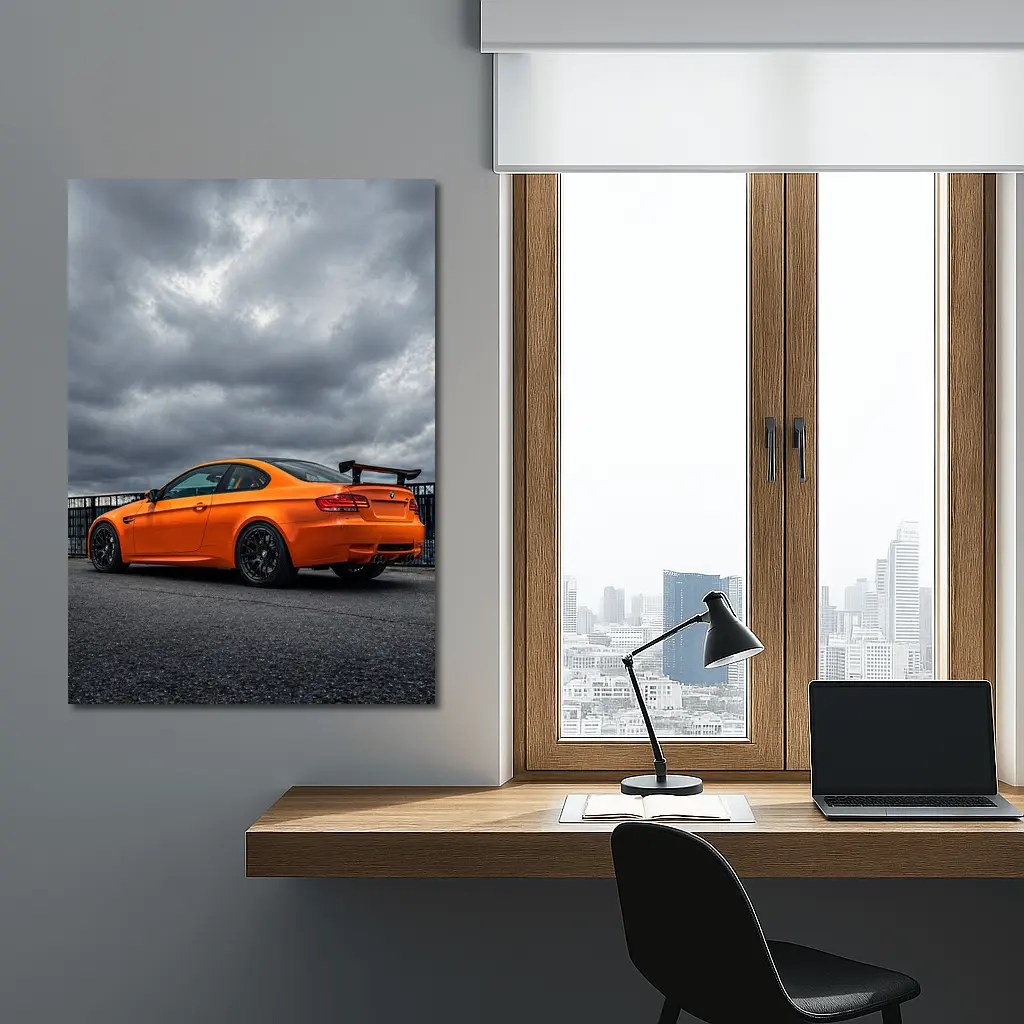 BMW M3 GTS Orange Under Stormy Sky – Wall Art