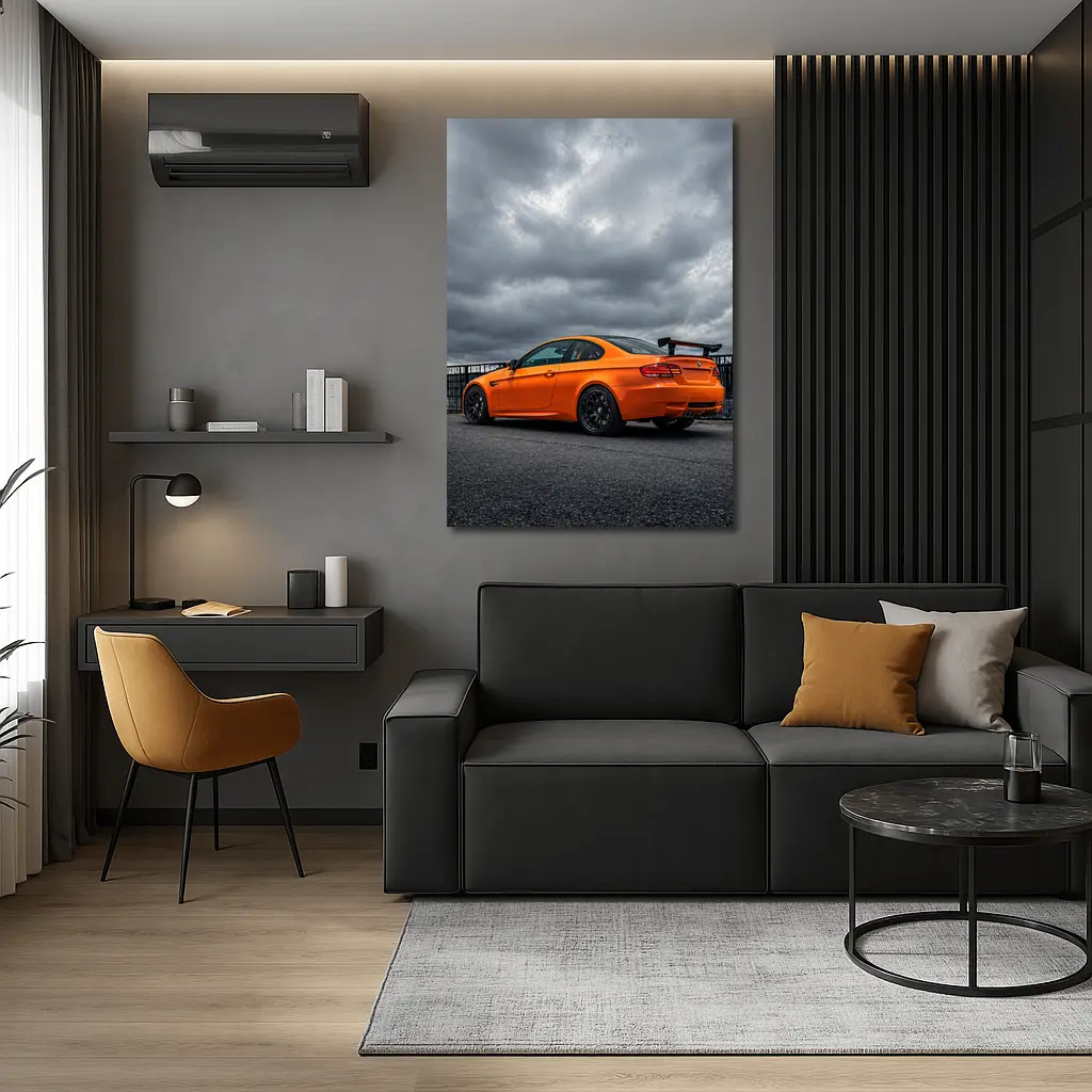 BMW M3 GTS Orange Under Stormy Sky – Wall Art