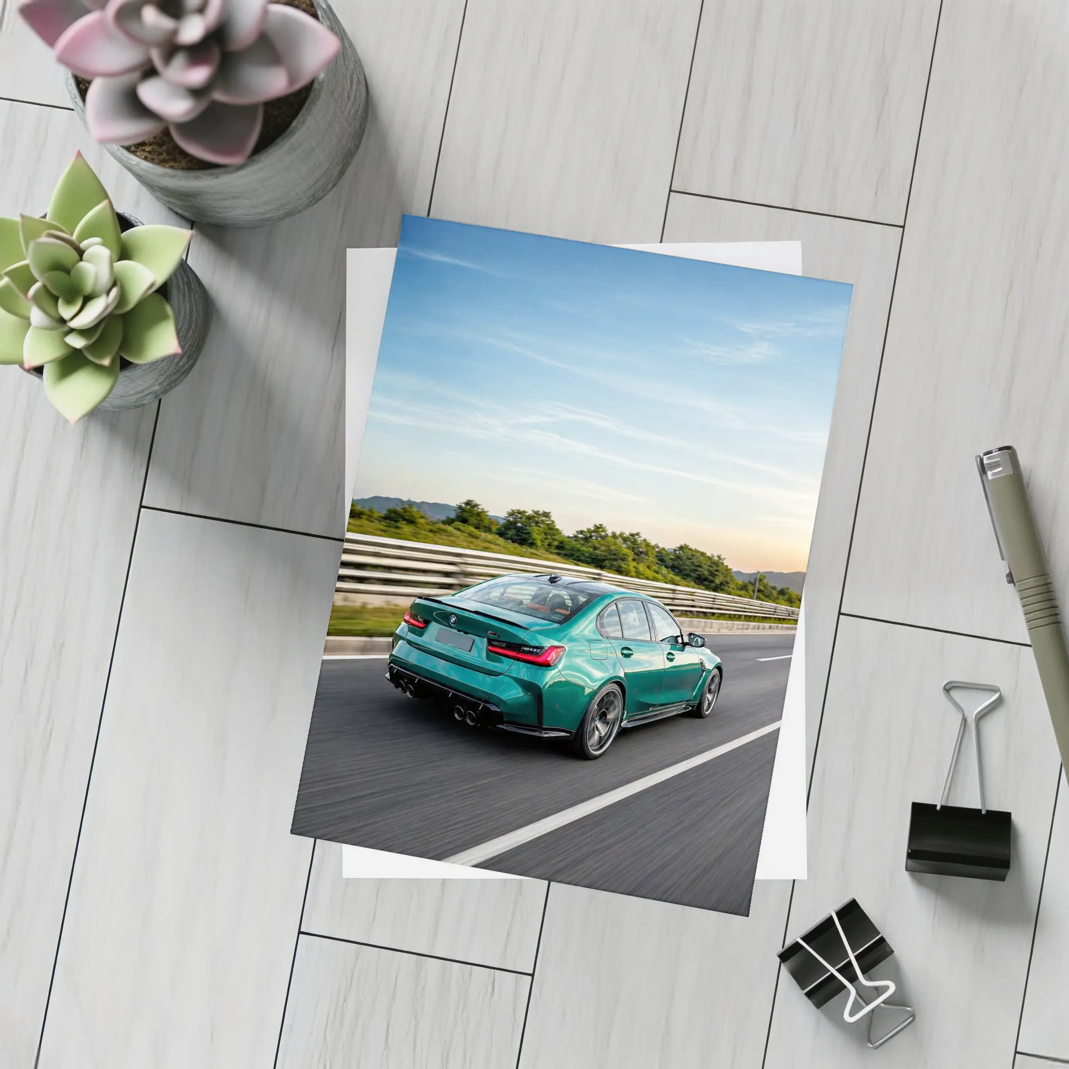 BMW M3 Green Sedan On Highway – Postcards