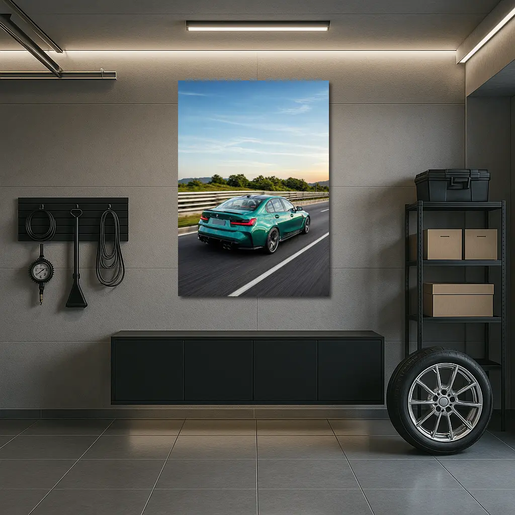 BMW M3 Green Sedan On Highway – Wall Art