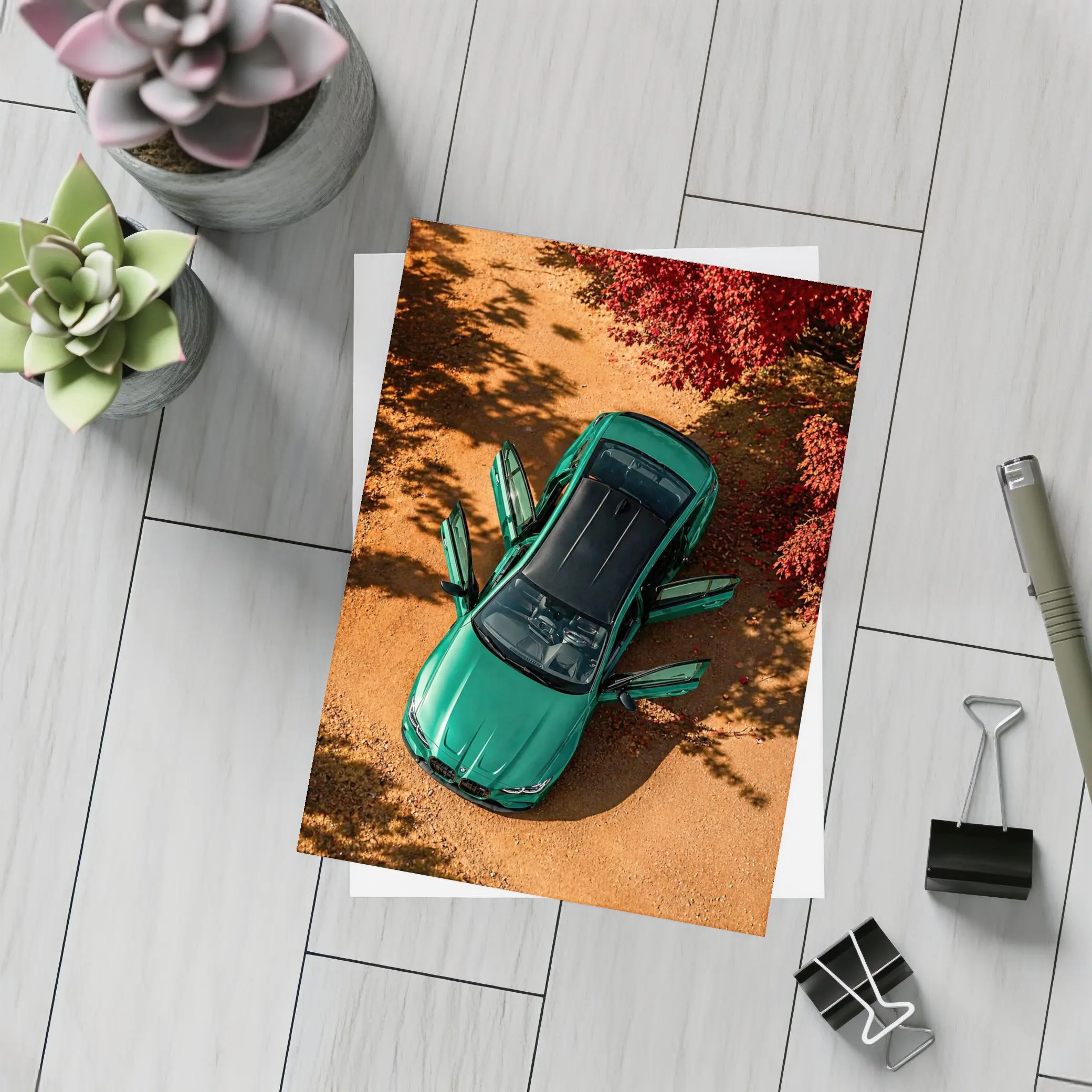 BMW M3 Green Sedan Doors Open Overhead – Postcards