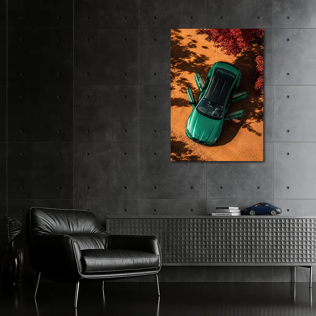 BMW M3 Green Sedan Doors Open Overhead – Wall Art