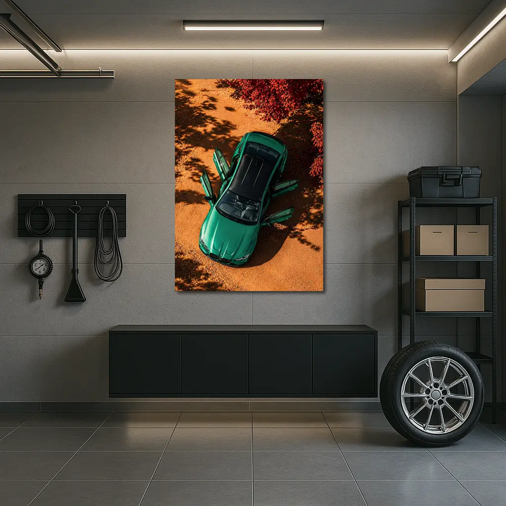 BMW M3 Green Sedan Doors Open Overhead – Wall Art