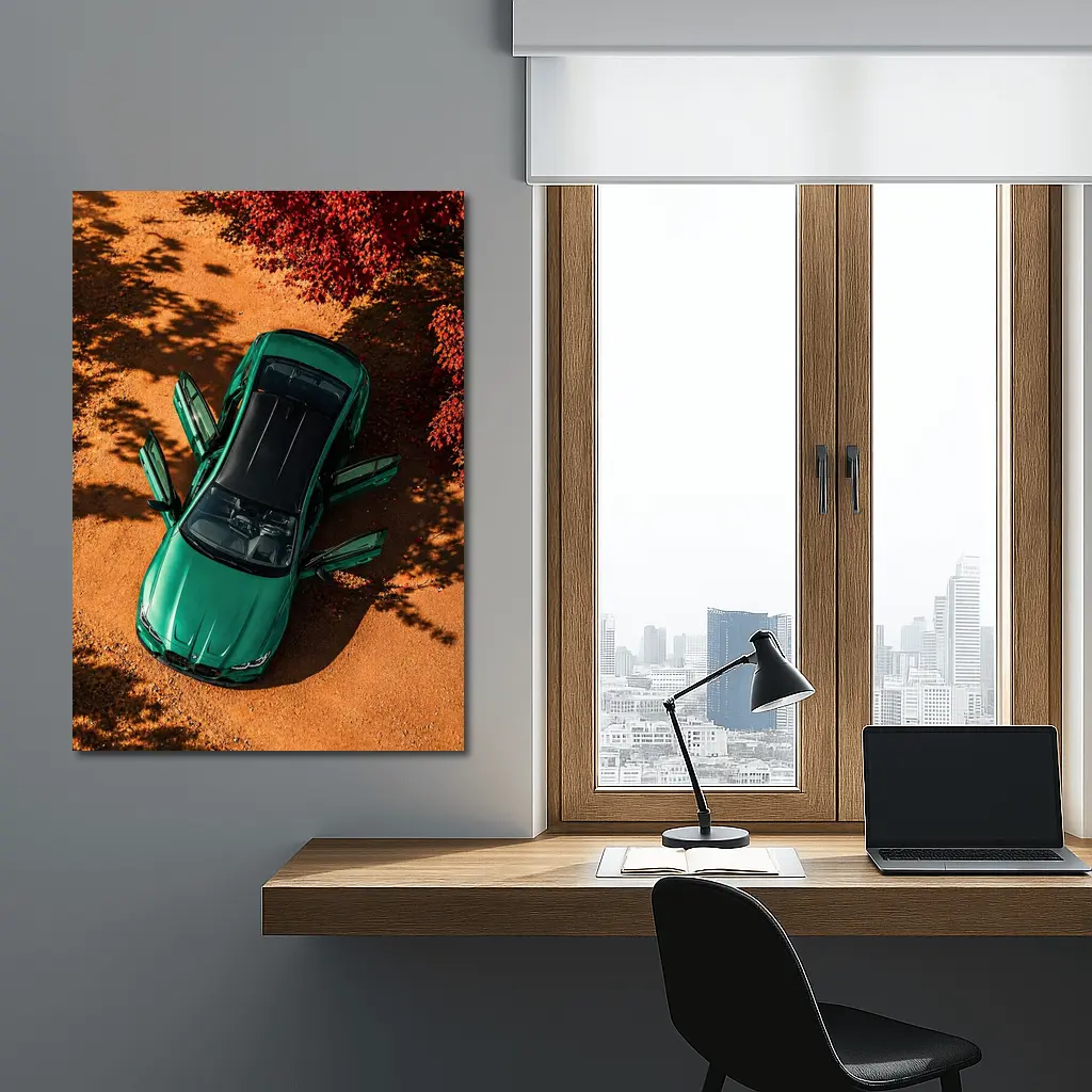 BMW M3 Green Sedan Doors Open Overhead – Wall Art