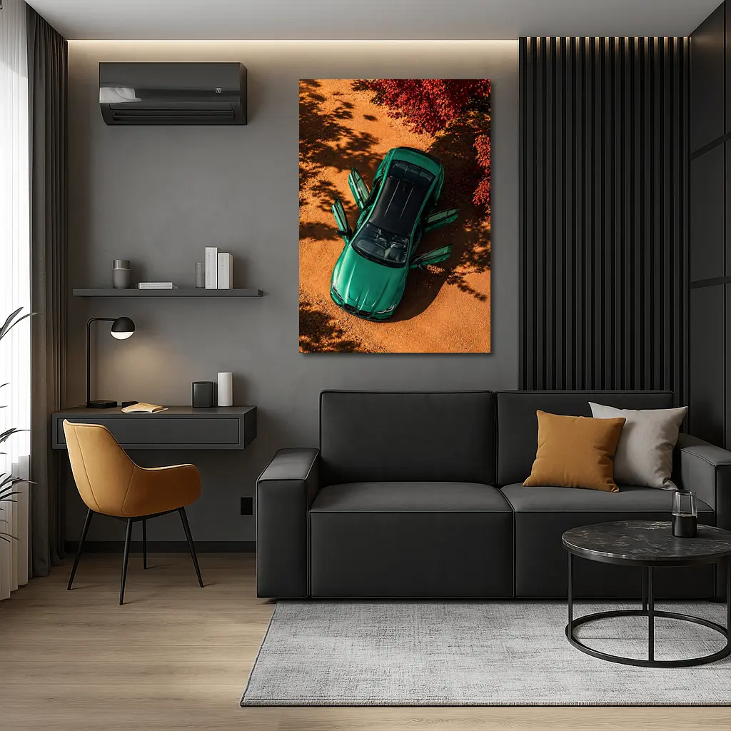 BMW M3 Green Sedan Doors Open Overhead – Wall Art