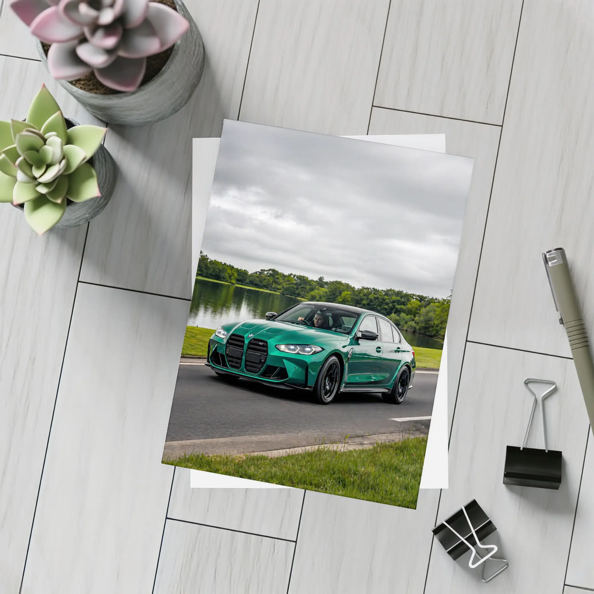 BMW M3 Sedan Green Lakeside Road Drive – Postcards