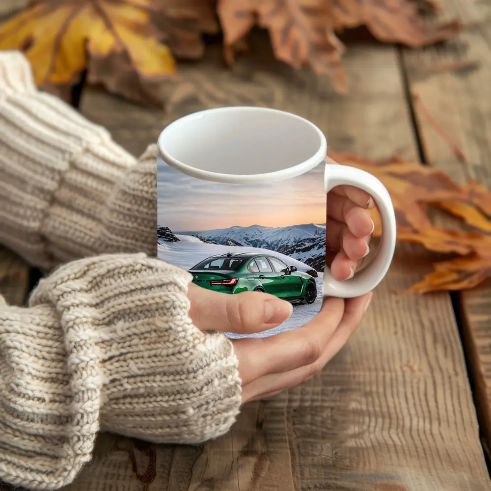 BMW M3 Green Sedan Snowy Mountain Sunset – Mugs