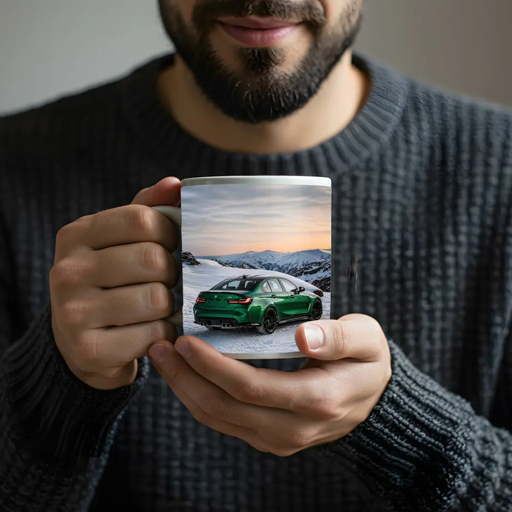 BMW M3 Green Sedan Snowy Mountain Sunset – Mugs