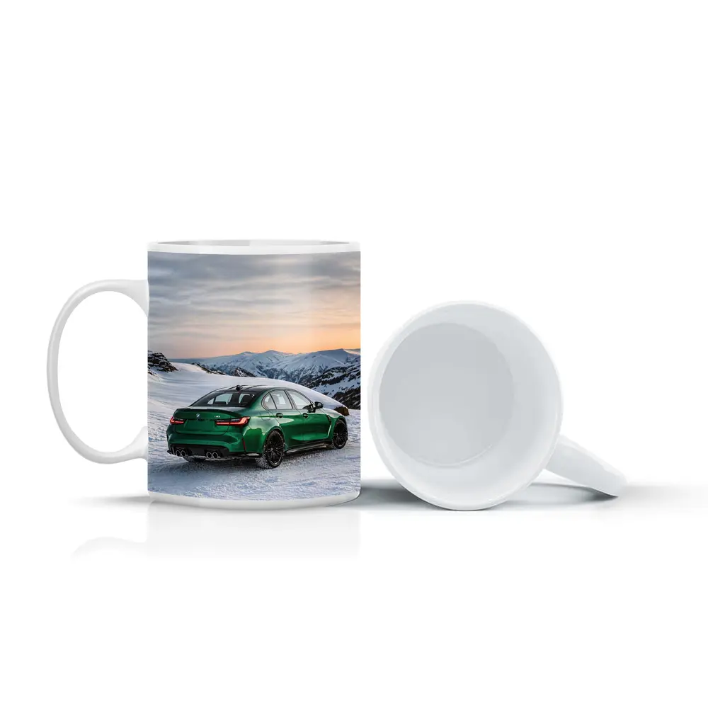 BMW M3 Green Sedan Snowy Mountain Sunset – Mugs