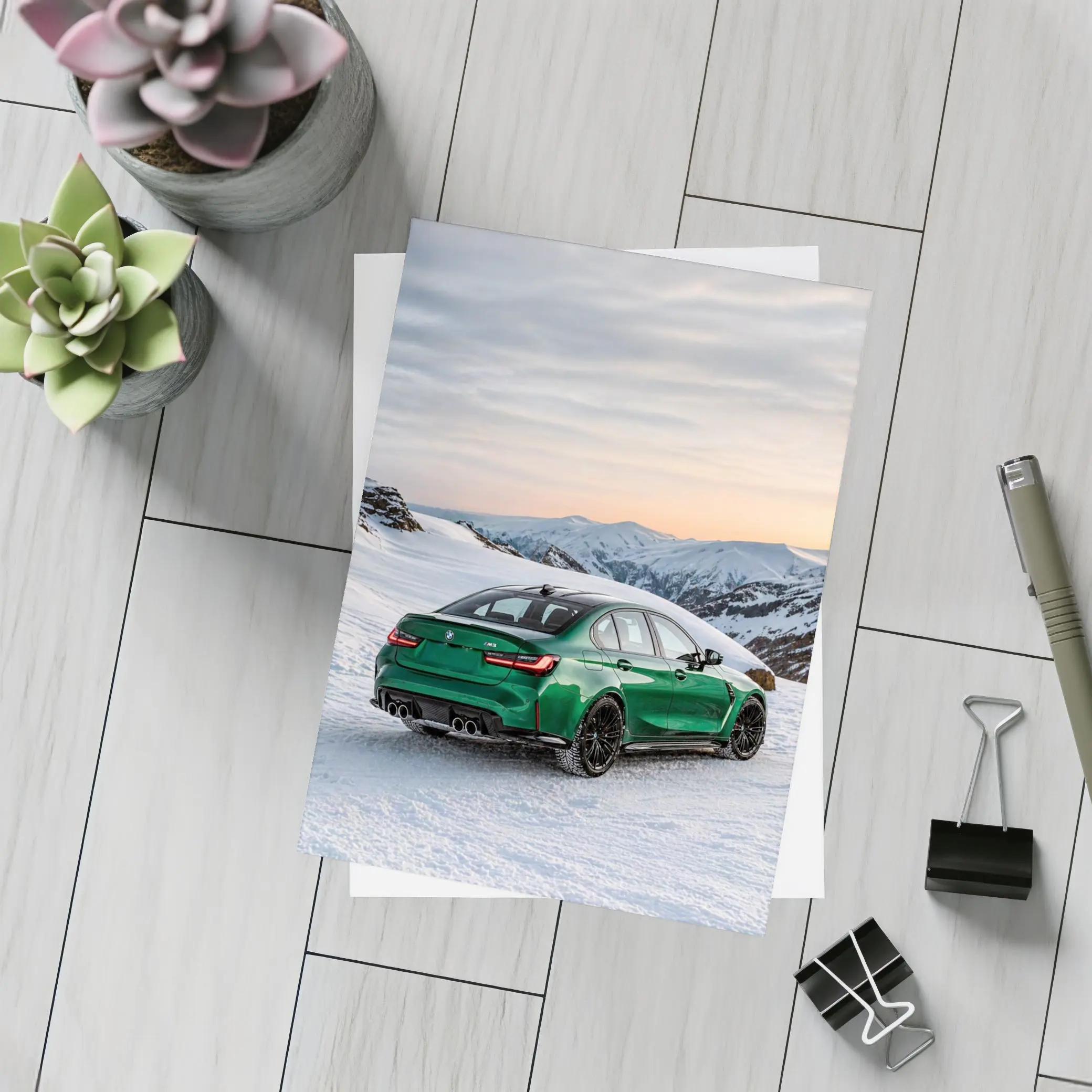 BMW M3 Green Sedan Snowy Mountain Sunset – Postcards