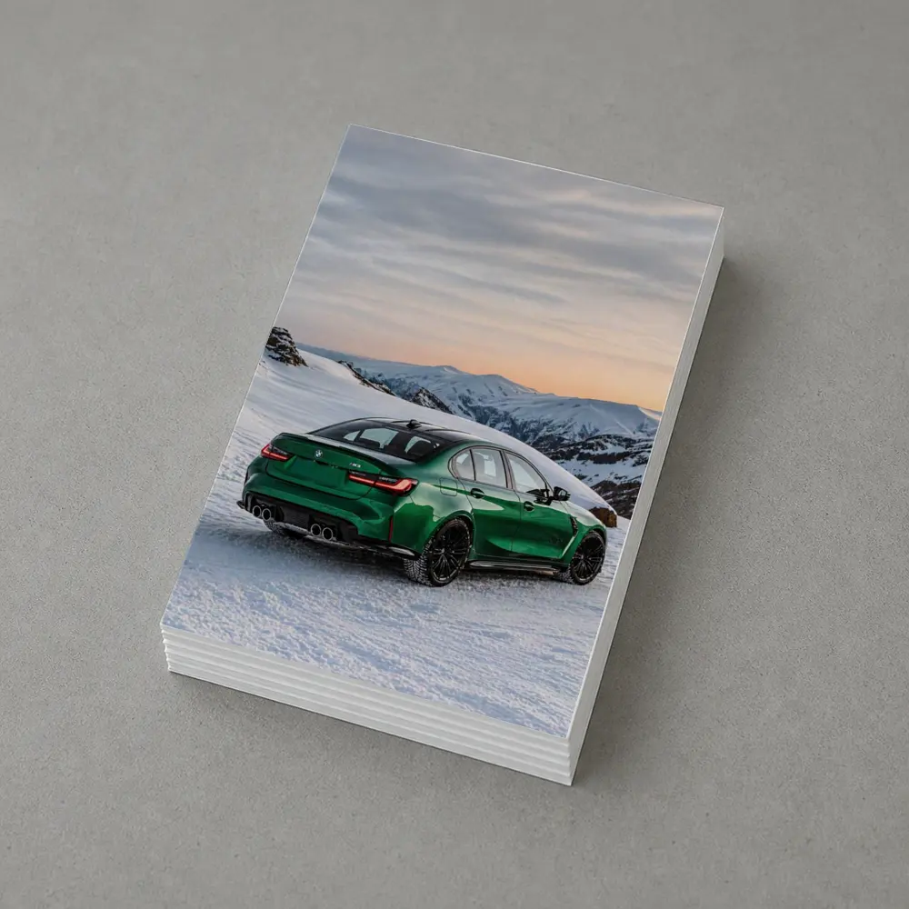 BMW M3 Green Sedan Snowy Mountain Sunset – Postcards