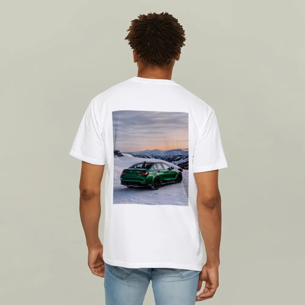 BMW M3 Green Sedan Snowy Mountain Sunset – T-Shirts