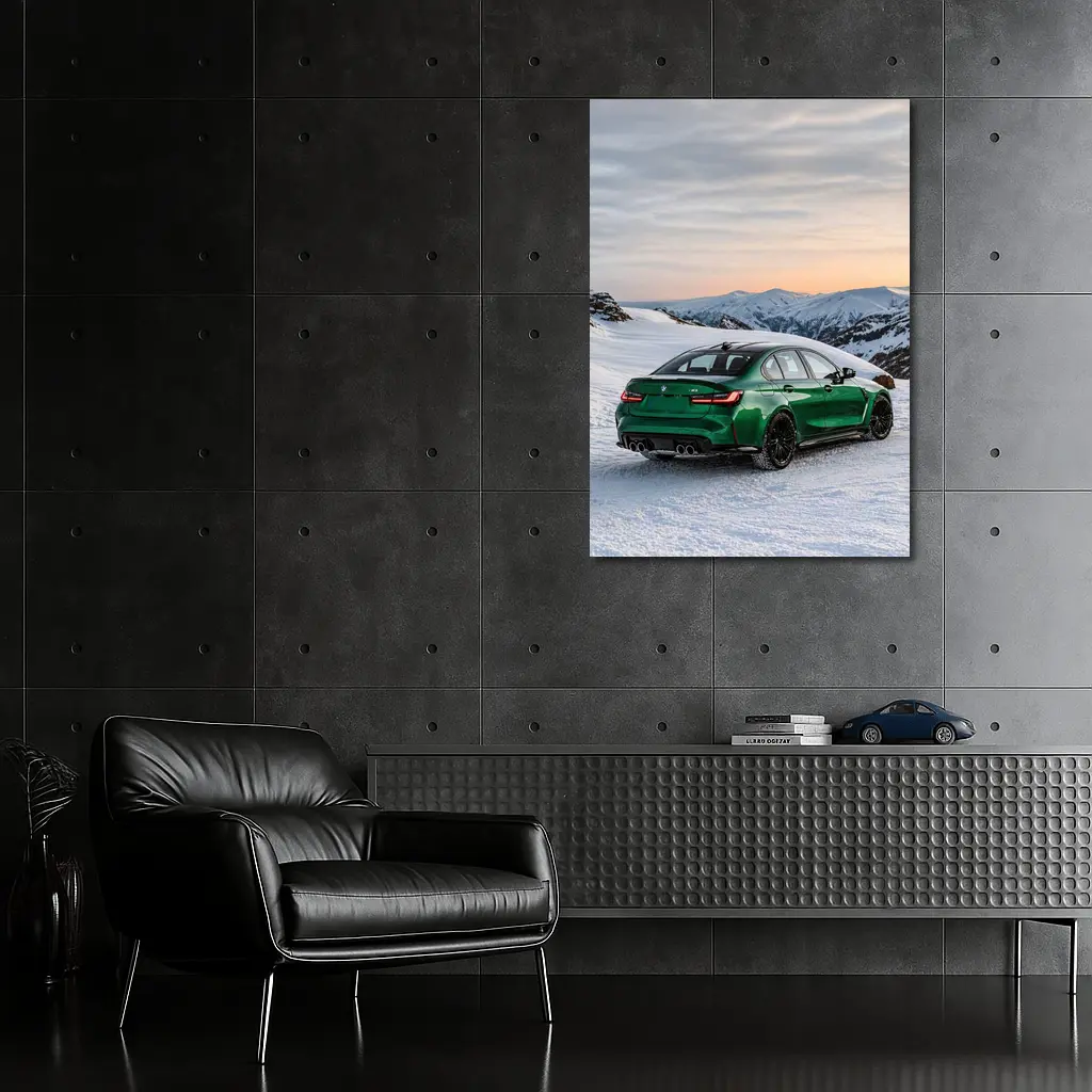 BMW M3 Green Sedan Snowy Mountain Sunset – Wall Art