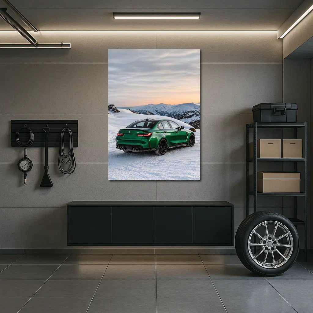 BMW M3 Green Sedan Snowy Mountain Sunset – Wall Art