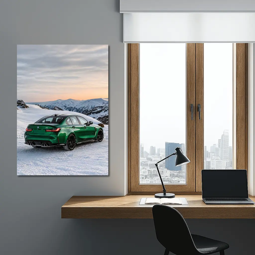 BMW M3 Green Sedan Snowy Mountain Sunset – Wall Art