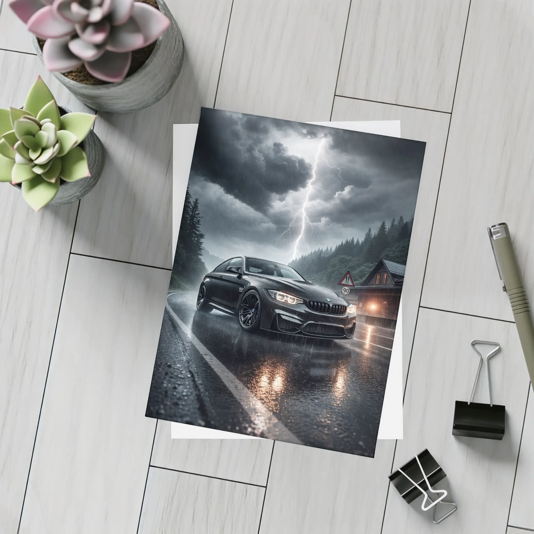 BMW M4 Black Rainy Storm Road – Postcards
