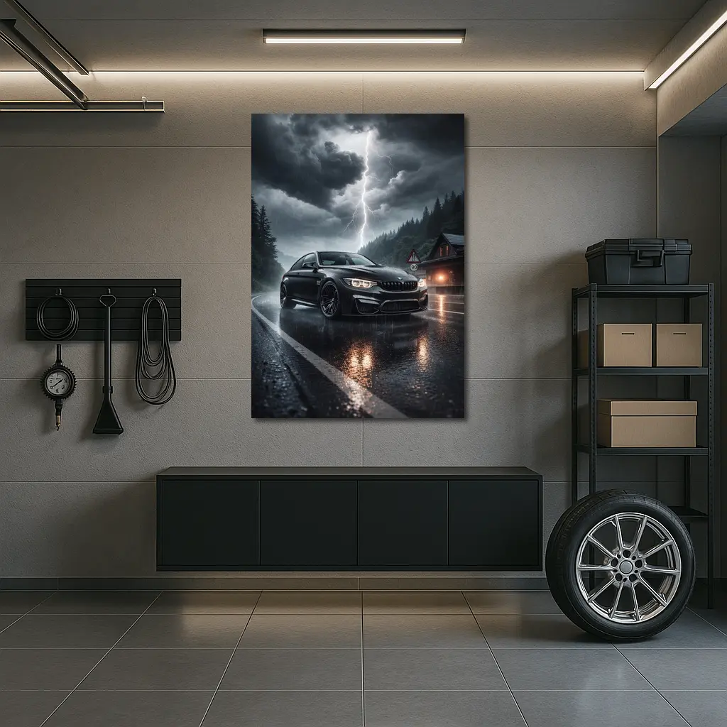 BMW M4 Black Rainy Storm Road – Wall Art