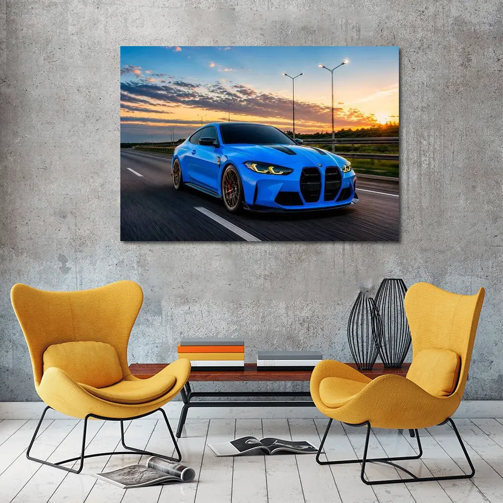 BMW M4 Blue Coupe Highway Sunset Drive – Wall Art