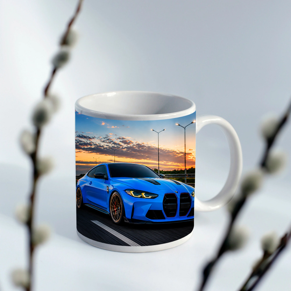 BMW M4 Blue Coupe Highway Sunset Drive – Mugs