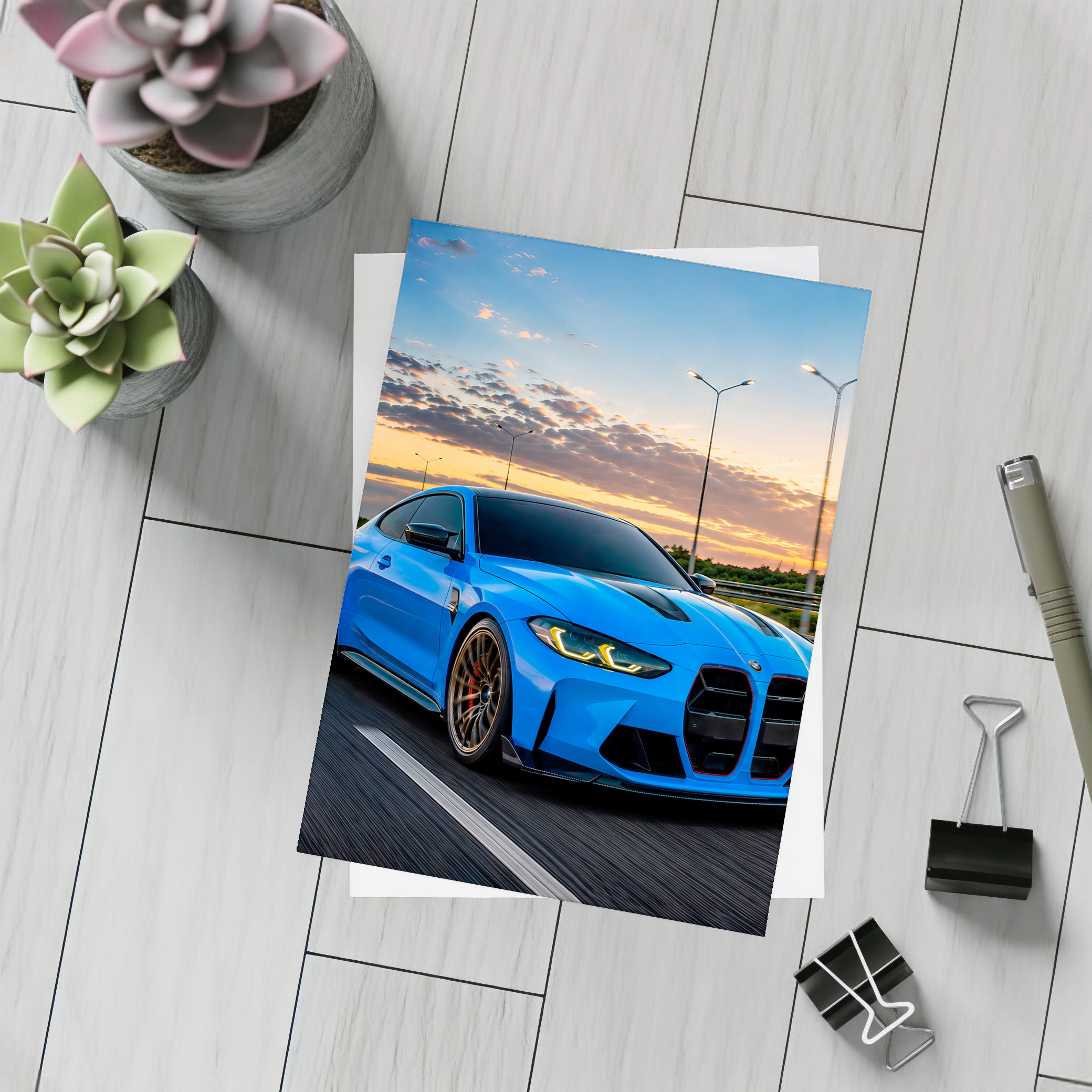 BMW M4 Blue Coupe Highway Sunset Drive – Postcards