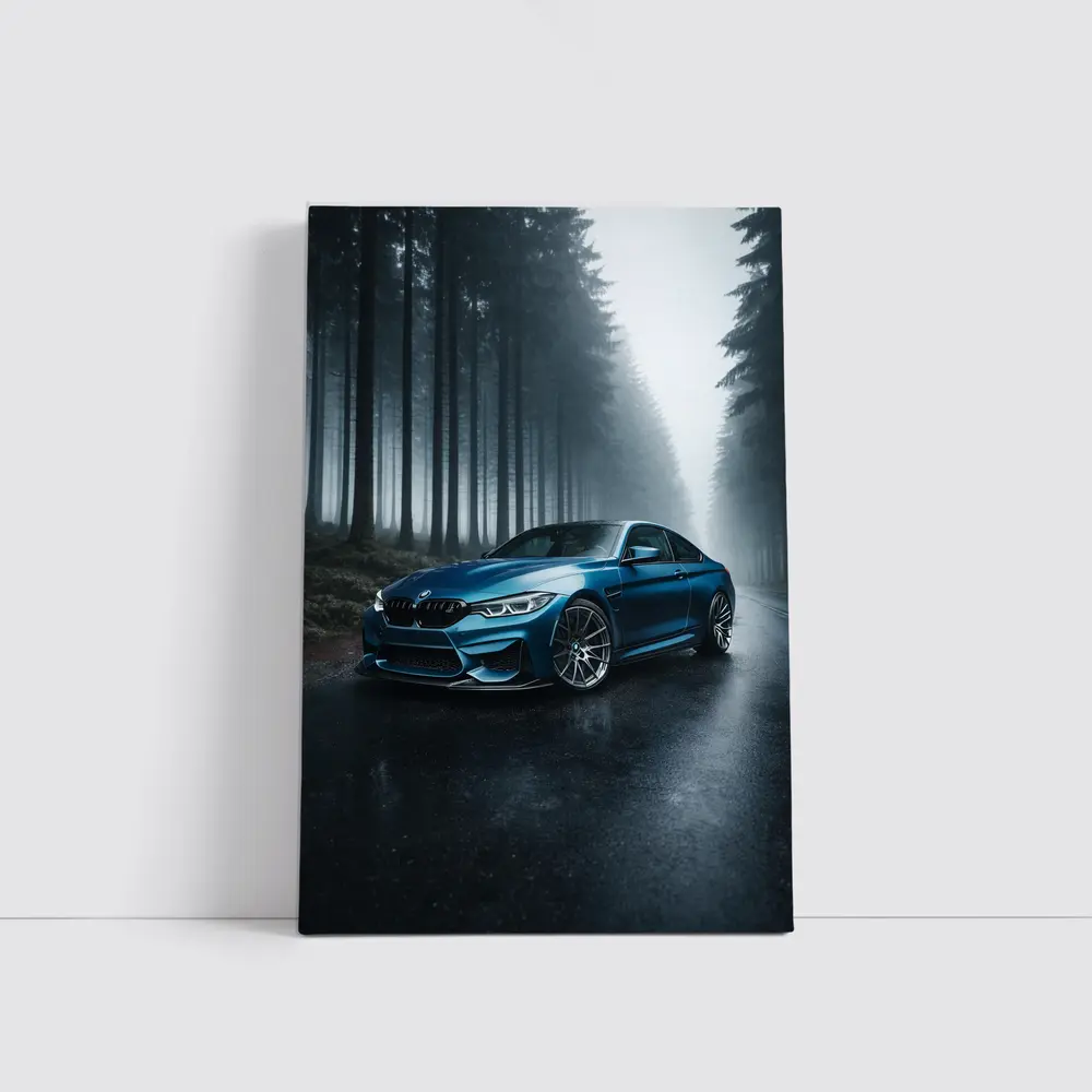 BMW M4 Blue Coupe Misty Forest Road – Wall Art