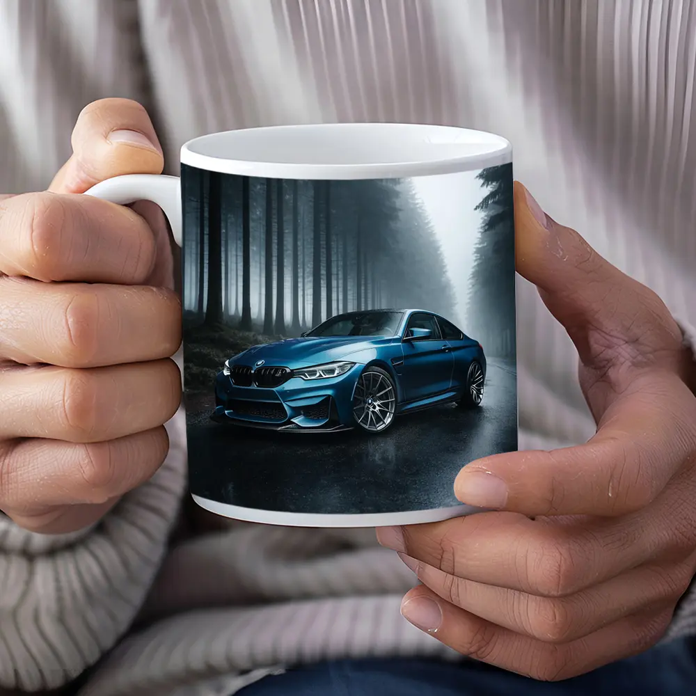 BMW M4 Blue Coupe Misty Forest Road – Mugs