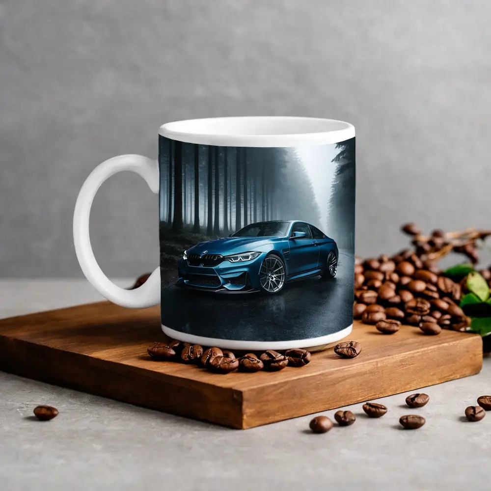 BMW M4 Blue Coupe Misty Forest Road – Mugs