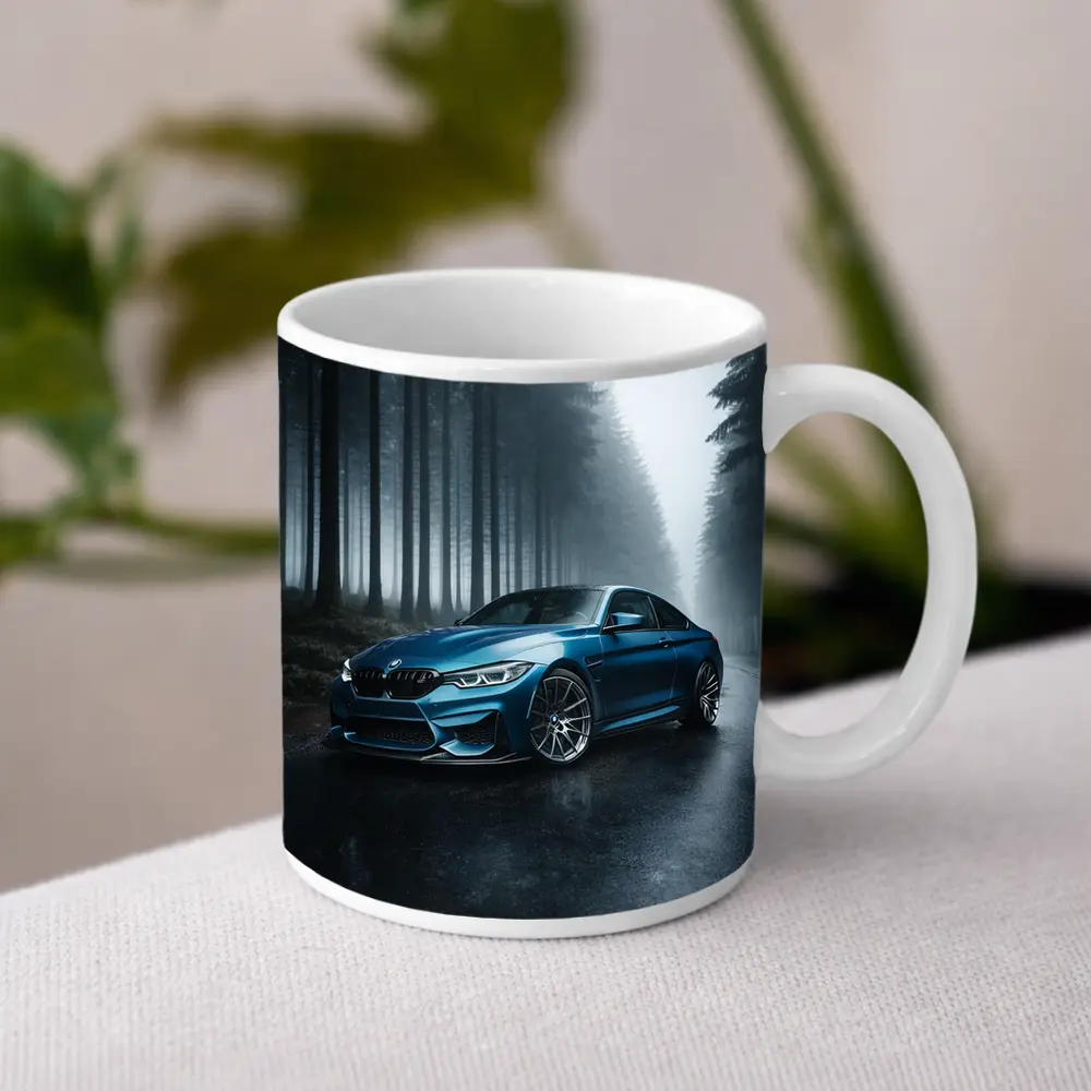BMW M4 Blue Coupe Misty Forest Road – Mugs