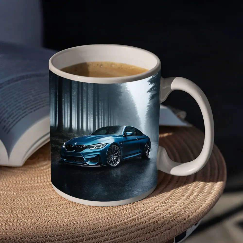 BMW M4 Blue Coupe Misty Forest Road – Mugs
