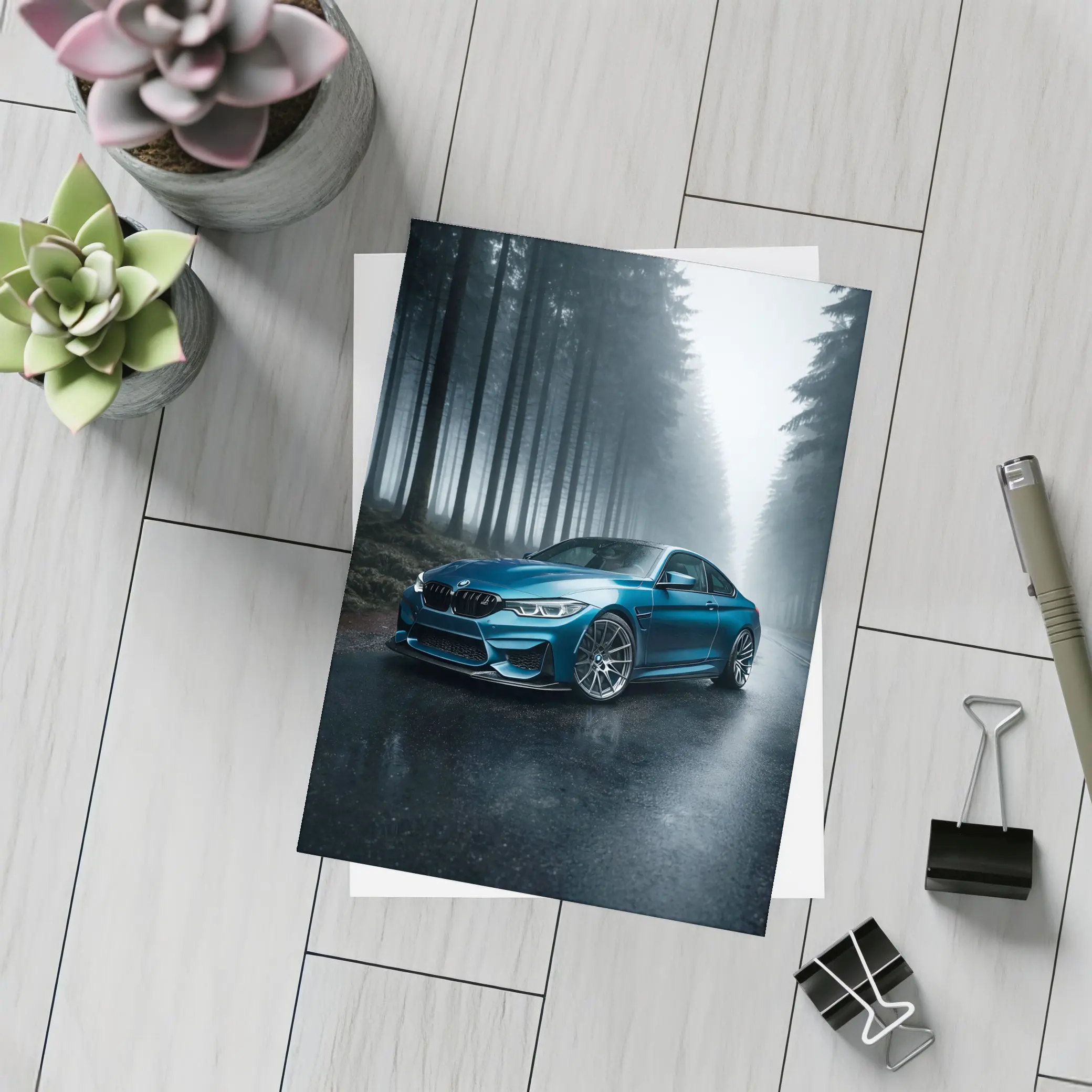 BMW M4 Blue Coupe Misty Forest Road – Postcards