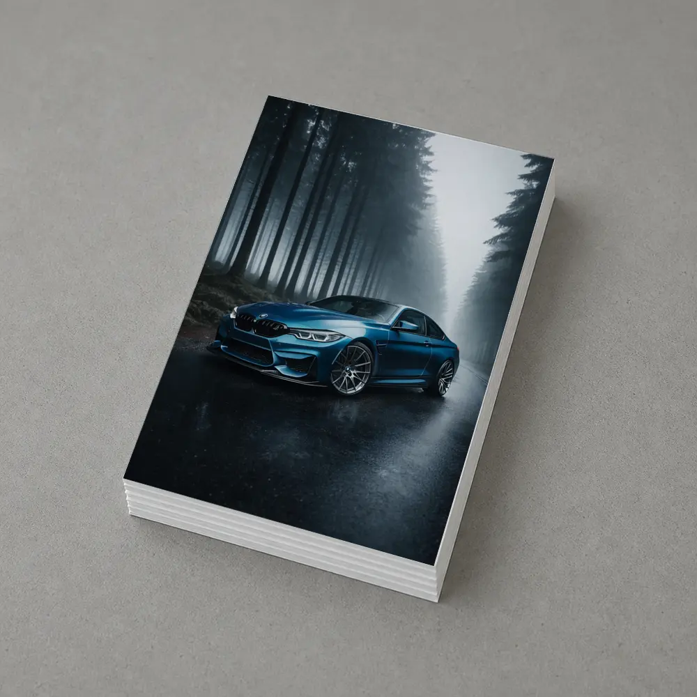 BMW M4 Blue Coupe Misty Forest Road – Postcards