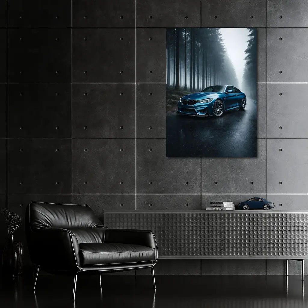 BMW M4 Blue Coupe Misty Forest Road – Wall Art