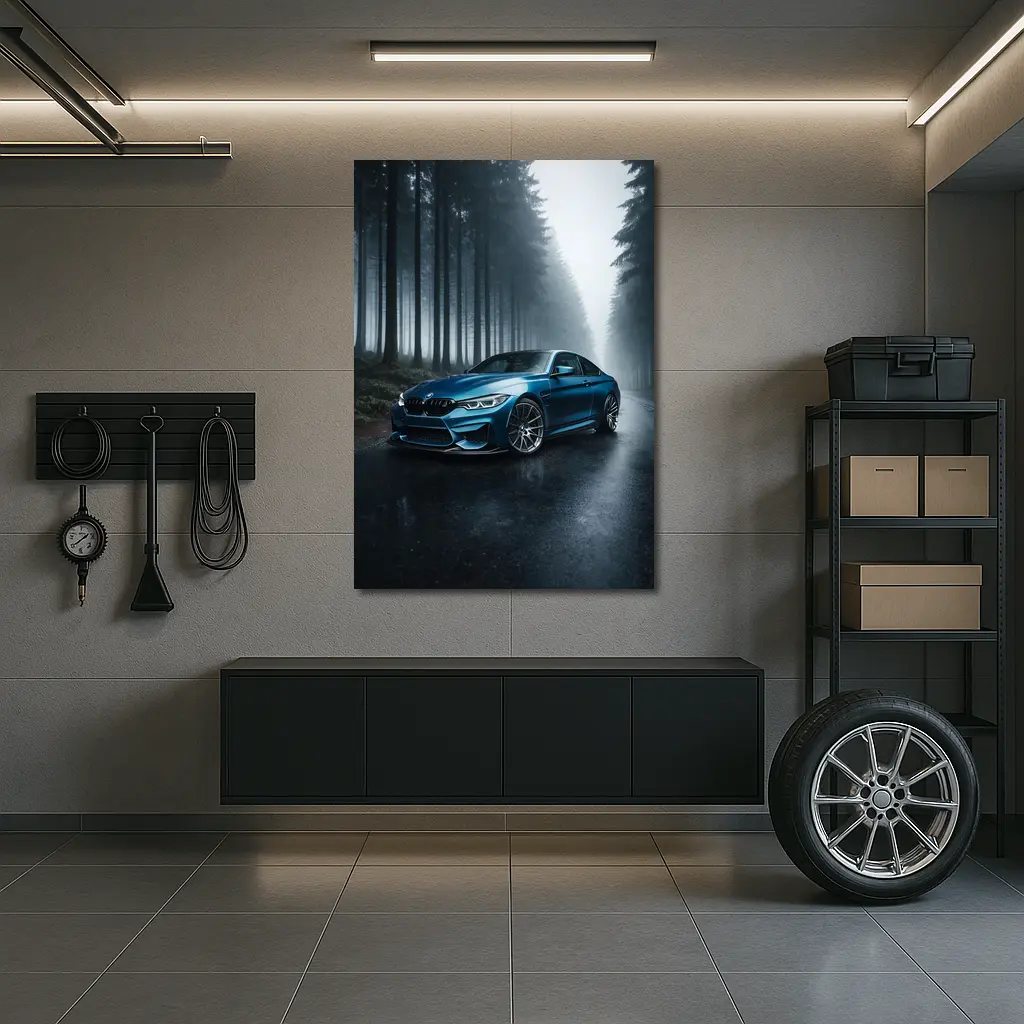 BMW M4 Blue Coupe Misty Forest Road – Wall Art