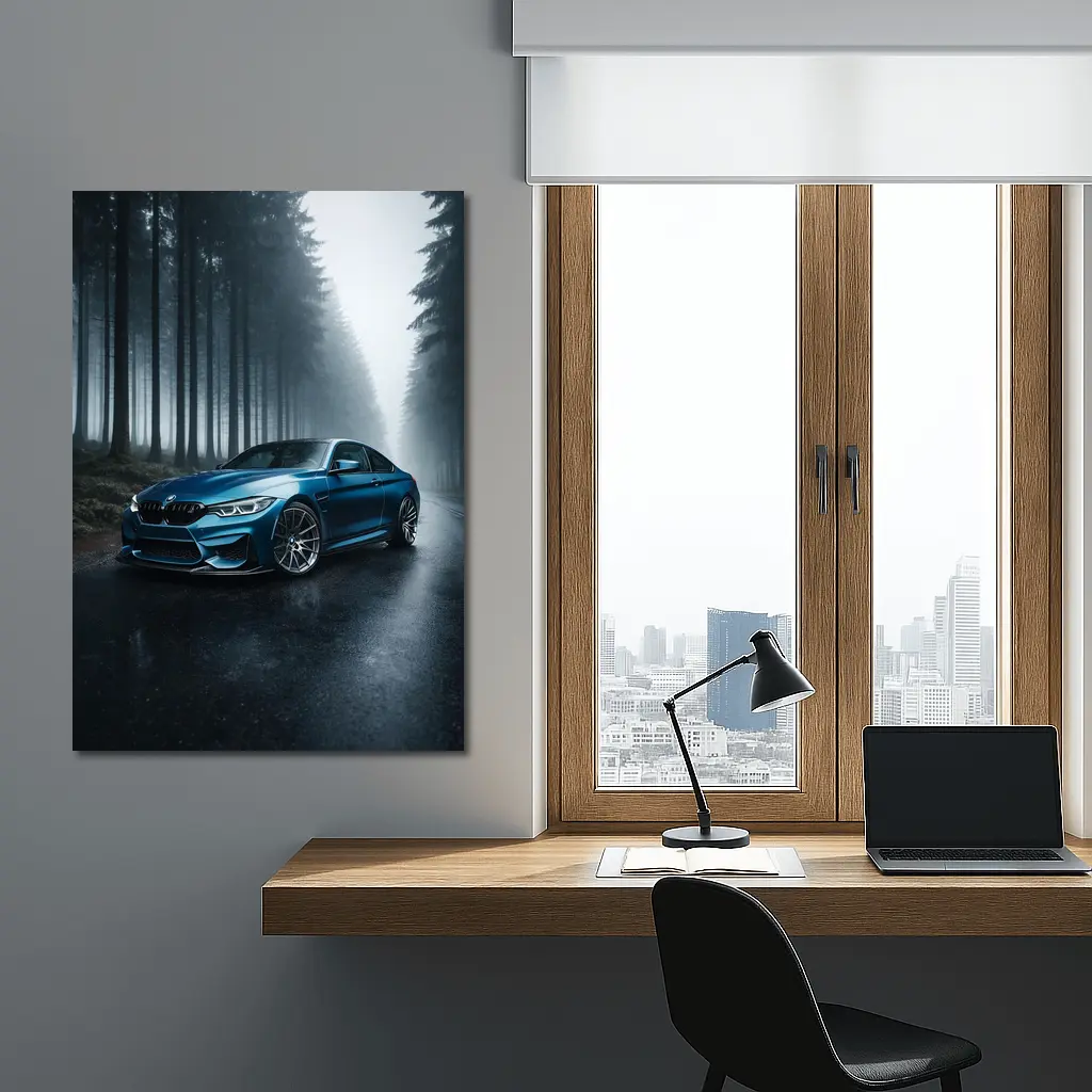 BMW M4 Blue Coupe Misty Forest Road – Wall Art